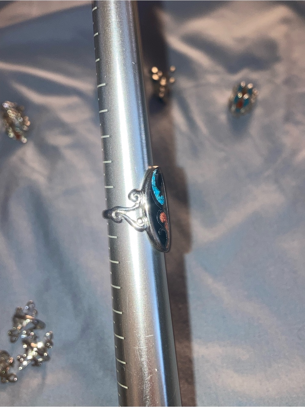 Sterling Silver Oval Enamel Ring with Blue and Coral Accents - Picture 2 of 4